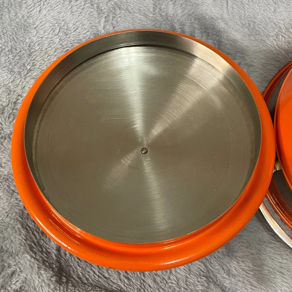 Fiesta Orange Enamel Metal Ice Bucket with Lid and Brass Accents Vintage Retro